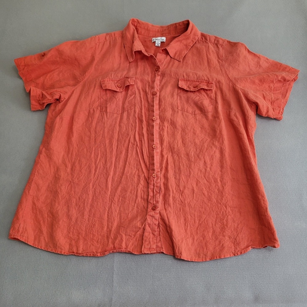 Kim Rogers Woman 100% Linen Short Sleeve Button Up Shirt Roll Up Sleeve Size 2X